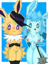 2025 3:4 absurd_res anthro anthrofied blue_background blue_body blue_eyes blue_fur blush border breasts clothing digital_media_(artwork) duo eeveelution english_text eyelashes eyewear facial_scar fan_character footwear fur generation_1_pokemon generation_4_pokemon genitals glaceon glasses gloves handwear hat headgear headwear hi_res ibispaint_(artwork) jolteon looking_at_viewer melee_weapon morning_star_(weapon) mostly_nude navel nintendo nipples nude open_mouth outline pokemon pokemon_(species) pokemorph purple_eyes purple_inner_ear scar shaded signature simple_background socks soft_shading standing talking_to_viewer teeth text thick_thighs vulva watermark weapon white_body white_border white_fur white_outline xammyxx yellow_body yellow_fur