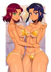 2girls alien alien_girl alien_humanoid bikini blackfire blush bracelet dark-skinned_female dark_skin dc female female_only gold_bikini green_eyes green_sclera komand'r koriand'r purple_eyes purple_hair red_hair satelyte short_hair sisters starfire superheroine symmetrical_docking tamaranean teen_titans villainess yellow_bikini