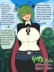after_sex antennae_(anatomy) ballbusting belt big_breasts black_legwear blush castration_threat dialogue edited english english_text green_hair hard_translated impregnation jean_shorts light-skinned_female spacezin talking_to_viewer thick_thighs touhou wriggle_nightbug