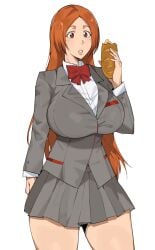 bleach bread breasts brown_eyes dr_octojuice elijahzx female female_focus food highres inoue_orihime karakura_high_school_uniform large_breasts long_hair orange_hair simple_background thighs white_background