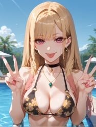 :p ai_generated bangs bare_shoulders bikini black_bikini black_choker blonde_hair blue_sky breasts brokewyt choker cleavage collarbone colored_tips day double_v ear_piercing earrings fake_nails female fingernails floral_print gradient_hair halterneck jewelry kitagawa_marin large_breasts long_fingernails long_hair looking_at_viewer multicolored_hair nail_polish necklace o-ring outdoors piercing pink_nails pool print_bikini red_eyes sky smile solo sono_bisque_doll_wa_koi_wo_suru string_bikini swimsuit tongue tongue_out tree uncensored upper_body v water