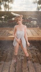 1girls 3d 3d_(artwork) 3d_model 3d_render bath_towel blonde_hair blue_eyes dead_or_alive hair_bun highres hot_spring hotsprings hourglass_figure in_water long_hair looking_at_viewer marie_rose pussy revealing_pussy runevv shaved_pussy short_female small_breasts standing standing_in_water towel towel_only young_female
