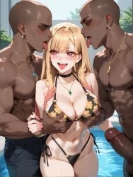 2boys ai_generated bangs bikini black_bikini black_choker blonde_hair blush bracelet breast_grab breasts brokewyt choker cleavage collarbone dark-skinned_male dark_penis dark_skin earrings erection female floral_print grabbing gradient_hair human human_female jewelry kitagawa_marin large_breasts large_penis light-skinned_female light_skin long_hair male male/female multicolored_hair multiple_boys navel necklace netorare nipples open_mouth penis piercing pink_nails pool print_bikini red_eyes smile sono_bisque_doll_wa_koi_wo_suru straight swimsuit thighs tongue tongue_out uncensored water