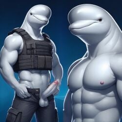 ai ai_generated anthro balls beluga bing_image_creator bottomwear bulletproof_vest cetacean clothing erection foreskin genitals grey_body male muscular muscular_anthro muscular_male pants penis simple_background solo stable_diffusion tactical_gear topwear uncircumcised vest whale