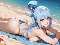 ai_generated aqua_(konosuba) ass bangs bare_shoulders beach beach_towel bikini blue_bikini blue_eyes blue_hair blush breast_press breasts brokewyt choker cum cum_on_hair day facial female hair_between_eyes hair_bobbles hair_ornament hair_rings halterneck kono_subarashii_sekai_ni_shukufuku_wo! large_breasts lips long_hair looking_at_viewer lying medium_breasts ocean on_stomach outdoors parted_lips sand side-tie_bikini_bottom sideboob smile solo string_bikini suggestive_fluid swimsuit thighs thong thong_bikini towel uncensored water