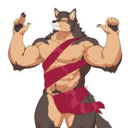 1:1 2024 anthro biped brown_body brown_fur brown_pubes canid canine canis colored domestic_dog donritchaaa fur genitals hi_res lifewonders live_a_hero male mammal multicolored_body multicolored_fur muscular muscular_anthro muscular_male muscular_thighs penis penis_base pubes pubraseer signature solo tan_body tan_fur two_tone_body two_tone_fur wraps_only
