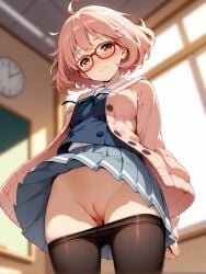 ahoge ai_generated bangs black-framed_eyewear black_clothes black_legwear black_pantyhose black_skirt blue_ribbon blue_shirt blue_skirt blush bob_cut breasts brown_eyes buttons cardigan chalkboard classroom cleft_of_venus closed_mouth clothes_lift clothes_pull clothing contentious_content desk eyebrows eyewear female female_only glasses indoors jacket kuriyama_mirai kyoukai_no_kanata legwear lifted_by_self limited_visibility long_sleeves looking_at_viewer milfhunter228 neck_ribbon nopan open_cardigan open_clothes pantyhose pantyhose_pull pink_cardigan pink_hair pleated_skirt red-framed_eyewear ribbon sailor_collar school_desk school_uniform semi-rimless_eyewear serafuku shirt short_hair skirt skirt_lift skirt_pull small_breasts smile solo standing thighband_pantyhose thighs underwear uniform vagina white_shirt window