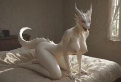 ai_generated anthro anthropomorphic beautiful bedroom big_breasts blue_eyes breasts breeding_request dragon dragon_girl dragonborn_(dnd) female furry furry_only in_heat inviting_to_sex looking_at_viewer on_all_fours on_knees scales scalie scalie_female scalie_only seductive seductive_look seductive_smile sexy sexy_body sexy_pose tits_out wet_pussy white_dragon