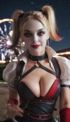 1female 1girls ai_generated amusement_park animated big_breasts blonde_hair bouncing_breasts breast_jiggle bursting_breasts cleavage clothed clothed_female clothing colored_hair corset dc dc_comics dress dyed_hair elbow_gloves female female_only harley_quinn jiggle jiggling_breasts lipstick multicolored_hair night photorealistic realistic red_lipstick solo solo_female stable_diffusion tagme twintails video walking