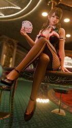 1girls 3d 3d_(artwork) 3d_model 3d_render armband asian asian_female blue_eyes brown_hair bunnysuit cards casino casino_card_table casino_table cleavage dead_or_alive high_heels highres holding_card holding_cards legs_crossed long_hair looking_at_viewer monica_(doa) pantyhose poker_cards posing posing_for_the_viewer runevv