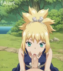 1boy 1girls ai_generated blonde_hair blue_eyes cum cumshot dr.stone faiart fellatio female kohaku_(dr.stone) looking_up_at_viewer male penis pov