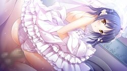 3-nin_iru! bell blush censored dress elbow_gloves female game_cg gloves nakase_nagisa open_mouth penis purple_hair suzui_narumi wedding_dress yellow_eyes