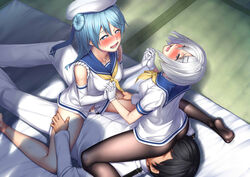 1boy 2girls admiral_(kantai_collection) blue_eyes blue_hair blush bottomless clothed_sex cum cunnilingus elbow_gloves facesitting gloves h_kasei hamakaze_(kantai_collection) kantai_collection long_hair multiple_girls no_pants oral orgasm pantyhose personification school_uniform serafuku sex short_hair silver_hair urakaze_(kantai_collection) vaginal_penetration