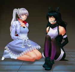 2girls arms_behind_back black_hair blake_belladonna blake_belladonna_(vale) blazingifrit bondage boots cleave_gag dress faunus female femsub gag human kneeling multiple_girls multiple_subs rwby silver_eyes vale_outfit wedge_heels weiss_schnee weiss_schnee_(vale) white_hair yellow_eyes