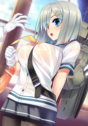 admiral_(kantai_collection) belt blue_eyes blush breasts censored dragonmaterial female gloves hair_ornament hairclip hamakaze_(kantai_collection) highres kantai_collection male nipples open_mouth pantyhose penis personification school_uniform see-through serafuku short_hair short_sleeves silver_hair skirt wet wet_clothes white_gloves