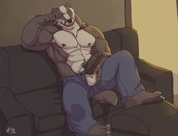 1boy 2014 abs anthro badger balls clothing erection grin male male_only mammal muscles mustelid nipple_piercing nipples pants pecs penis piercing rrowdybeast sitting smile sofa solo topless