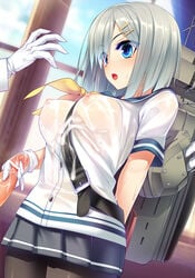 1boy admiral_(kantai_collection) bar_censor belt blue_eyes blush breasts censored cum cum_on_clothes dragonmaterial female gloves hair_ornament hairclip hamakaze_(kantai_collection) handjob highres kantai_collection nipples open_mouth pantyhose penis personification school_uniform see-through serafuku short_hair short_sleeves silver_hair skirt wet wet_clothes white_gloves