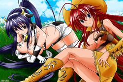 akeno_himejima animius blue_hair boots breast_press center_opening clouds collar cow_girl cowbell cowboy cowboy_hat cowgirl detached_sleeves female field grass gun high_school_dxd holster miniskirt open_clothes open_shirt outside panties purple_eyes purple_hair red_hair revolver rias_gremory shirt thighhighs upskirt weapon