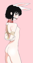 arms_behind_back ass ball_gag black_hair bondage breasts bunny_ears collar dozamura female gag gagged looking_at_viewer nipples nude original red_eyes rope short_hair small_breasts solo