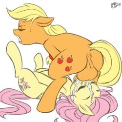 2014 2girls applejack_(mlp) ass closed_eyes colored cum cum_on_face cutie_mark equine fellatio female feral fluttershy_(mlp) friendship_is_magic fur furry furry_only futa_on_female futanari hair horse intersex irrumatio legs_up lying mammal masturbation megasweet my_little_pony on_back oral pegasus pony pussy sweat teeth testicles throat_swabbing white_background wings