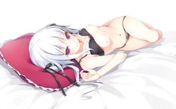 bed bra bra_lift breasts female lingerie looking_at_viewer lying nekomu nipples panties pillow purple_eyes smile solo tied_hair twintails white_hair