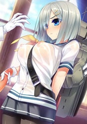 1boy admiral_(kantai_collection) bar_censor belt blue_eyes blush breasts censored dragonmaterial female gloves hair_ornament hairclip hamakaze_(kantai_collection) handjob highres kantai_collection nipples pantyhose penis personification school_uniform see-through serafuku short_hair short_sleeves silver_hair skirt wet wet_clothes white_gloves