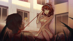 1boy 2girls blue_eyes blush breasts brown_hair character_request collar cowgirl_position cowgirl_position doomfest femdom hairband half-closed_eyes leash multiple_girls nipples nude outdoors sex straddling straight sweat walk-in