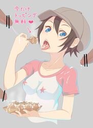 blue_eyes brown_hair censored clothing cum cum_in_mouth cum_on_clothes cum_on_food cum_on_tongue disembodied_penis eating female food hat male onaka_itai shirt t-shirt takoyaki