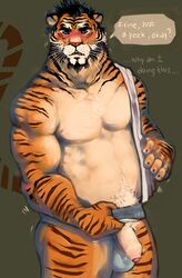 1boy anthro balls belly biceps black_hair blush chubby dialog embarrassed feline fur furry hair male male_only mammal musclegut muscles pecs penis pockyrumz presenting solo text thick_penis tiger uncut undressing