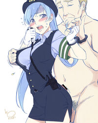 1boy @_@ artist_name assisted_exposure bar_censor belt blue_eyes blue_hair blush breasts buttjob censored closed_eyes clothed_female_nude_male color cuffs embarrassed female flying_sweatdrops handcuffs hat imminent_rape korisei long_hair molestation nude only_one_naked open_mouth open_vest original penis pervert pointless_censoring police police_hat police_uniform policewoman popped_button rape rough side_slit signature skirt sweat turn_pale unbuttoning uniform vest walkie-talkie