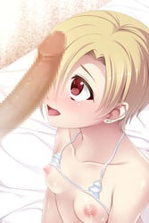 bikini bikini_lift blonde_hair blush bra breasts censored earrings female fujimiya_yuu hair_over_one_eye idolmaster idolmaster_cinderella_girls jewelry micro_bikini nipples open_mouth penis penis_on_face red_eyes shirasaka_koume short_hair solo_focus straight swimsuit tongue tongue_out