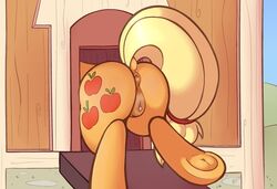 absurdres anus applejack_(mlp) ass back_turned blonde_tail chicken_coop clitoris cutie_mark equine female friendship_is_magic fur highres hooves horse mammal my_little_pony one_eye_closed orange_fur pony presenting pussy raised_tail ratofdrawn smooth_skin solo wink