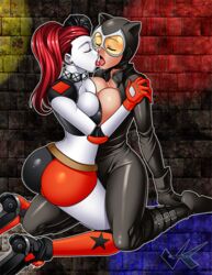 2girls batman_(series) black_hair breast_press cat_ears catsuit catwoman dc_comics female female_only harley_quinn human jadenkaiba kissing multiple_females new_52 partially_clothed red_hair two_tone_hair yuri