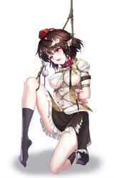 areola_slip areolae arms_behind_back bondage bondage bondage bukkake collar cum erect_nipples female highres kneehighs open_mouth pointy_ears red_eyes rope shameimaru_aya shinebell short_hair solo tied_up torn_clothes touhou