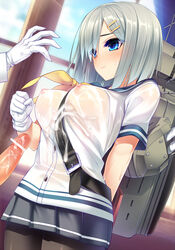 1boy admiral_(kantai_collection) bar_censor belt blue_eyes blush breasts censored cum cum_on_clothes dragonmaterial female gloves hair_ornament hairclip hamakaze_(kantai_collection) highres kantai_collection nipples pantyhose penis personification school_uniform see-through serafuku short_hair short_sleeves silver_hair skirt smile wet wet_clothes white_gloves