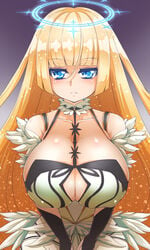 bare_shoulders beatmania beatmania_iidx blonde_hair blue_eyes breasts curvy demekyon dress elpis_(beatmania_iidx) erect_nipples female female huge_breasts long_hair solo upper_body