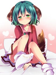 animal_ears between_legs blush cum cum_on_body cum_on_lower_body female green_eyes hand_between_legs heart kyouko_kasodani pillow short_hair sitting skirt solo tail touhou uguisu_mochi_(ykss35)