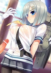 admiral_(kantai_collection) belt blue_eyes blush breasts censored dragonmaterial female gloves hair_ornament hairclip hamakaze_(kantai_collection) highres kantai_collection male nipples pantyhose penis personification school_uniform see-through serafuku short_hair short_sleeves silver_hair skirt wet wet_clothes white_gloves