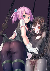 2girls ass black_hair black_legwear blue_eyes blush cameltoe cfm chains covered_nipples gloves gothic_lolita grey_legwear hand_on_ass hook isolated_island_oni kantai_collection lolita_fashion long_hair looking_at_viewer multiple_girls nipples open_mouth orange_eyes pale_skin pantyhose pink_hair pussy_juice pussy_juice_stain shinkaisei-kan shiranui_(kantai_collection) short_hair short_ponytail small_breasts torn_clothes white_gloves