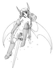 :d blush boots collarbone demon_girl demon_wings earrings gauntlets graphite_(medium) greyscale harumachi_nagaaki horns jewelry monochrome navel nude object_insertion open_mouth original pussy pussy_juice simple_background small_breasts smile sword traditional_media vaginal_penetration weapon wings