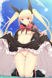 blazblue blonde_hair breasts daiaru female hair_ribbon kneeling long_hair looking_at_viewer nipples panties panty_pull pussy pussy_juice rachel_alucard red_eyes ribbon skirt skirt_lift small_breasts smile solo tied_hair twintails uncensored underwear