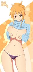 breasts brown_eyes color covering covering_nipples episode_of_luffy female female_only front_view hair hand_bra human looking_at_viewer nami navel one_piece orange_hair panties smile solo standing sweater sweater_lift