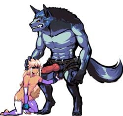 anthro arm_warmers balls blonde_hair blue_eyes blue_fur blue_hair breeding_season canine chains elf fondling fur furry girly hair knot legwear long_hair male male_only mammal multiple_males muscles nipples penis s-purple stockings straps teeth werewolf wolf yaoi yellow_eyes