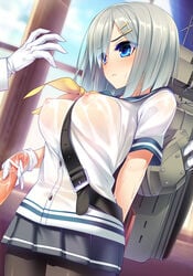 1boy admiral_(kantai_collection) bar_censor belt blue_eyes blush breasts censored cum dragonmaterial female gloves hair_ornament hairclip hamakaze_(kantai_collection) handjob highres kantai_collection nipples pantyhose penis personification school_uniform see-through serafuku short_hair short_sleeves silver_hair skirt wet wet_clothes white_gloves