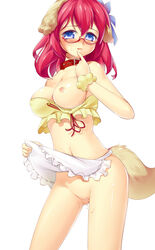 1girls animal_ears apron blue_eyes blush breasts collar dog_ears dog_tail female female_only glasses highres midriff nipples no_bra no_game_no_life no_panties pixiv pussy pussy_juice red_hair short_hair shuffle_(songdatiankong) solo stephanie_dora tail uncensored