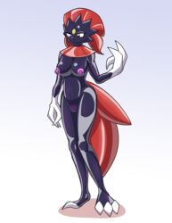 aaronyata_seyr'ite angry big_breasts big_nipples blue_eyes bodysuit breasts cameltoe claws cubi female goo hair helixjack heterochromia nipples pink_nipples png pokemon pokesuit pussy red_eyes red_hair rubber shiny skinsuit standing succubus transformation unhappy weavile weavileprince