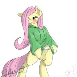 2014 animal_genitalia balls blush bottomless clothing dickgirl equine erection eyelashes fluttershy_(mlp) friendship_is_magic fur hair horse horsecock intersex long_hair mammal my_little_pony penis pink_hair plain_background pony silverfox057 solo straight_hair yellow_fur