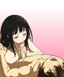 black_hair blue_eyes blush breasts brown_hair censored chitanda_eru closed_eyes couple fellatio female hair holding_hands hyouka long_hair male melon_sakiguchi nude oral oreki_houtarou penis purple_eyes simple_background