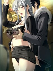 bra breast_grab breasts chikan chikan_densha hair large_breasts lipstick long_hair miniskirt panties silver_hair skirt_lift