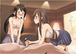 1boy 2girls abs after_oral all_fours bangs bar_censor bare_shoulders black_hair blunt_bangs blush bra brown_eyes brown_hair censored collarbone cum_in_mouth cum_string embarrassed encouragement erection fat_man flower fringe full-face_blush hair_flower hair_ornament head_out_of_frame idolmaster idolmaster_cinderella_girls imminent_sex imminent_vaginal indoors lamp long_hair lying male_pubic_hair mizumoto_yukari multiple_girls nakano_yuka navel no_shirt nose_blush oral penis plaid plaid_bra pleated_skirt profile pubic_hair saliva saliva_string saliva_trail shower skirt small_breasts smile straight sweat takemasa teenager tied_hair tile_wall tiles twintails underwear v_arms veins veiny_penis white_bra